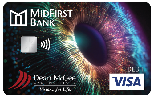A East First debit card featuring a closeup image of an eye and the Dean McGee Eye Institute logo